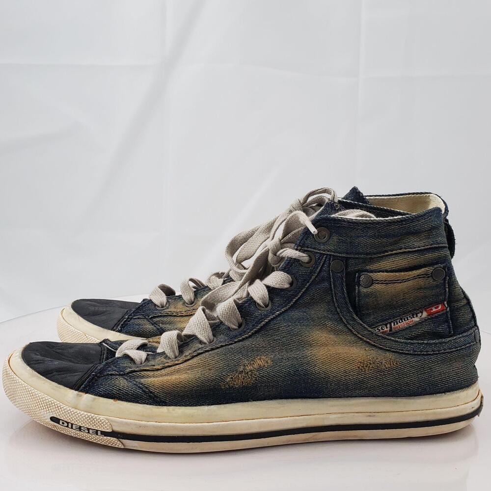 Diesel Shoes Mens 10.5 Blue Denim Exposure I High Top Lace Up Casual Sneakers